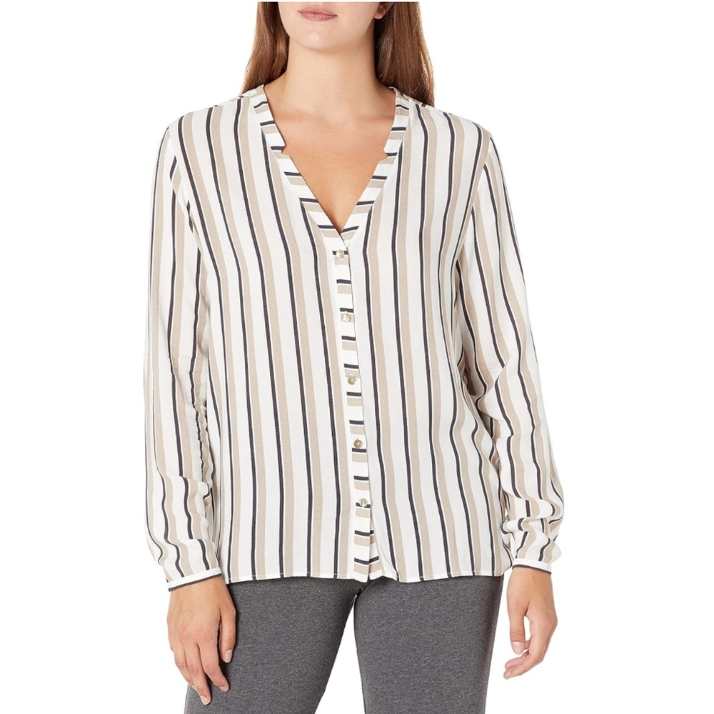 HANRO Women's Sleep and Lounge Long Sleeve Shirt in Pastel Tan Stripe Size Large